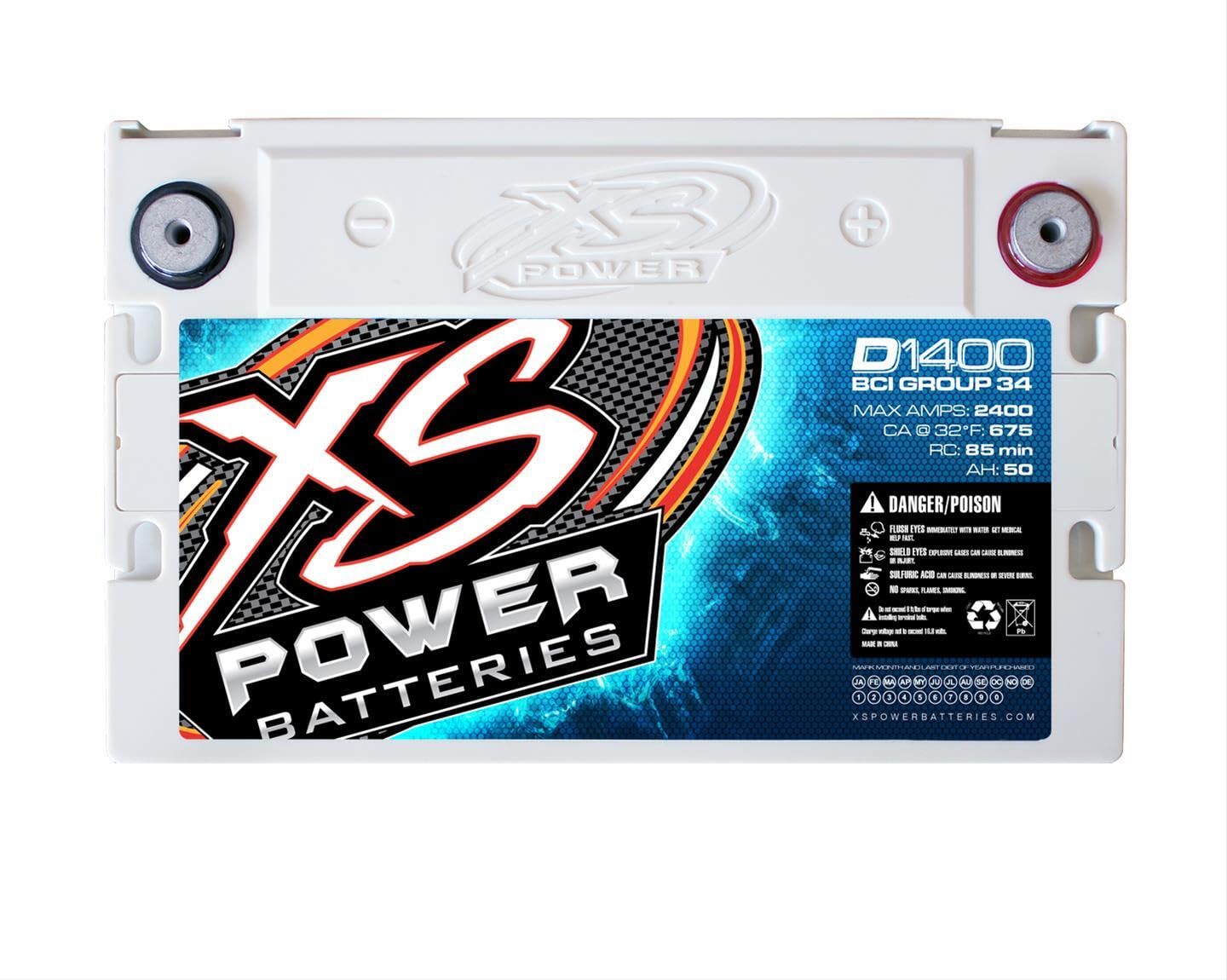 D1400 XS Power 2400 Amp AGM Battery with 580 & M6 Terminal Hardware - Group 34 14 Volt 56Ah 775CA Deep Cycle AGM Powercell for Large Stereo Systems or Vehicles