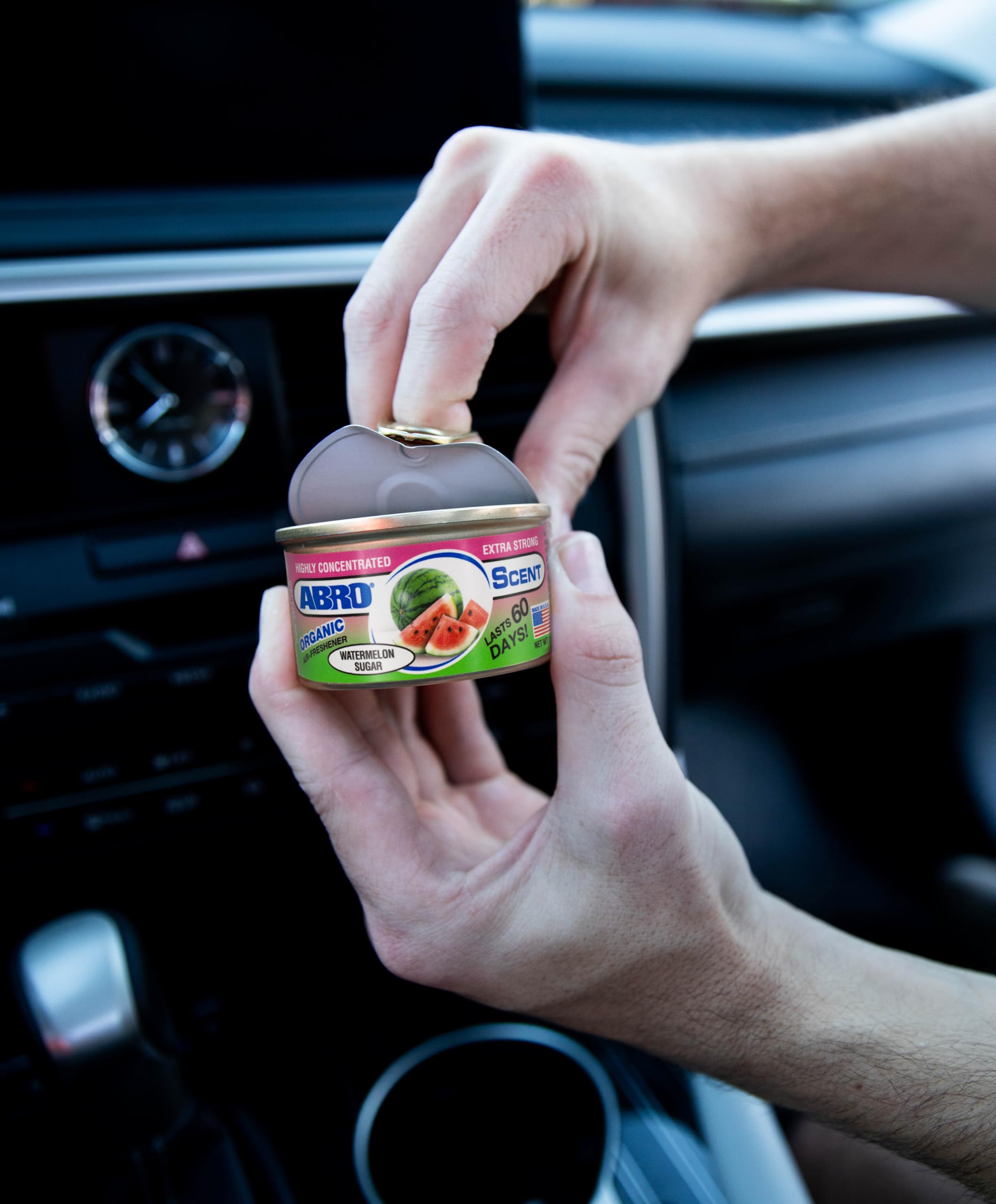 ABRO Air Freshener Car Cans: Spill Proof Air Fresheners for Home, Office, or Car Accessories, Lasts Up to 60 Days - 1 Pack Watermelon Sugar Scent