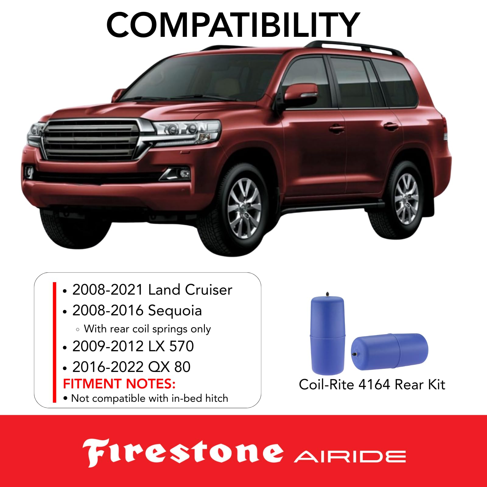 Firestone 4164 Airide Coil-Rite Rear Springs Kit fits 2008-2021 Land Cruiser and 2008-2016 Sequoia with Rear Coil Springs Only | 5-35 PSI | Load Capacity of 1,000 Pounds