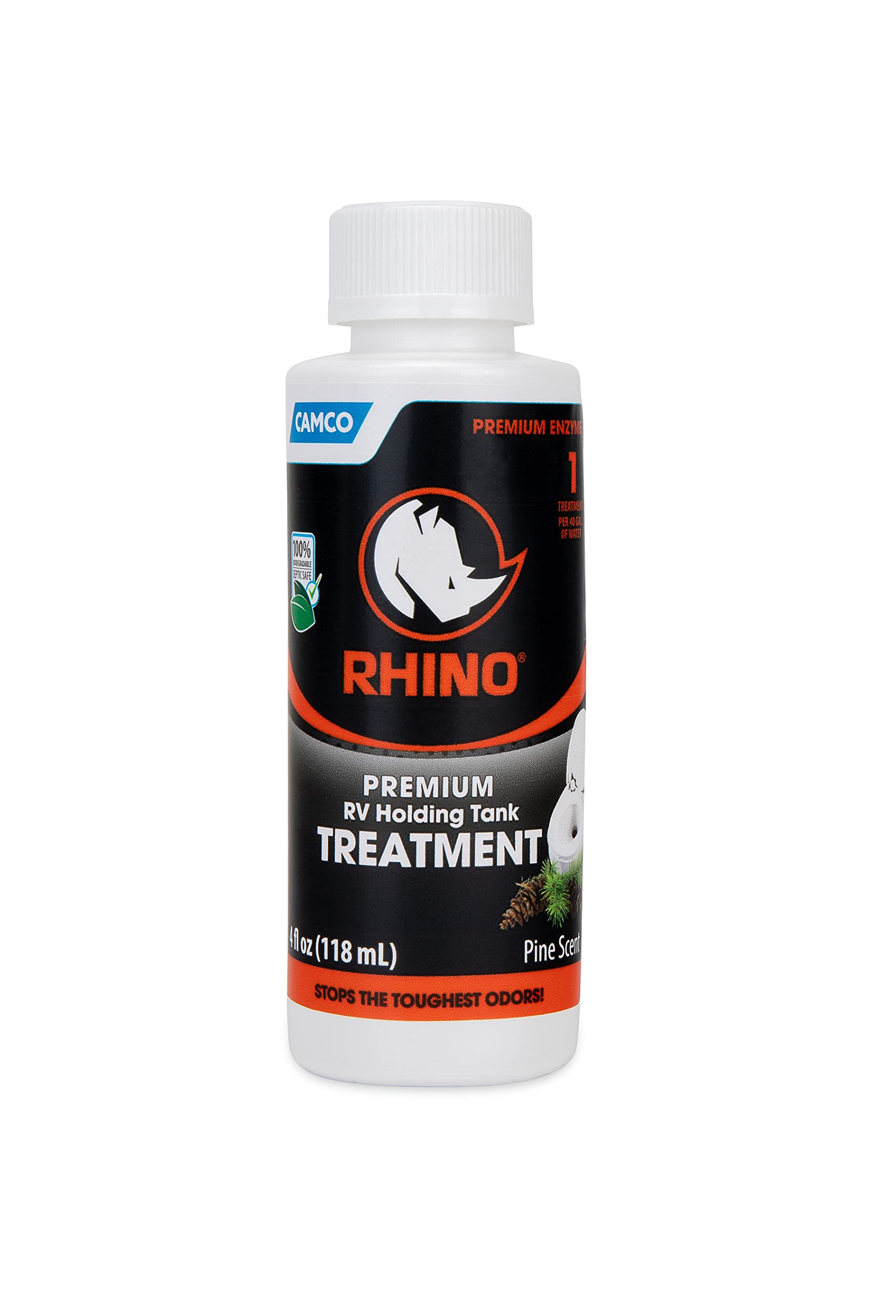 RhinoFLEX Camco Premium Enzyme RV Holding Tank Treatment Singles | Features a Biodegradable Septic Safe Formula, a Pine Scent, and is Ideal for RVing, Boating, and More | (8) 4 oz Bottles (41511)