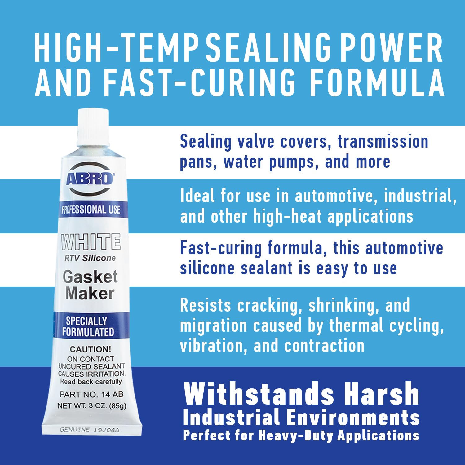 RTV Silicone Sealant and Gasket Maker ABRO: Up to 500 Degree F Heat, High Temp Silicone Sealant, 3 oz/85g Tube - White