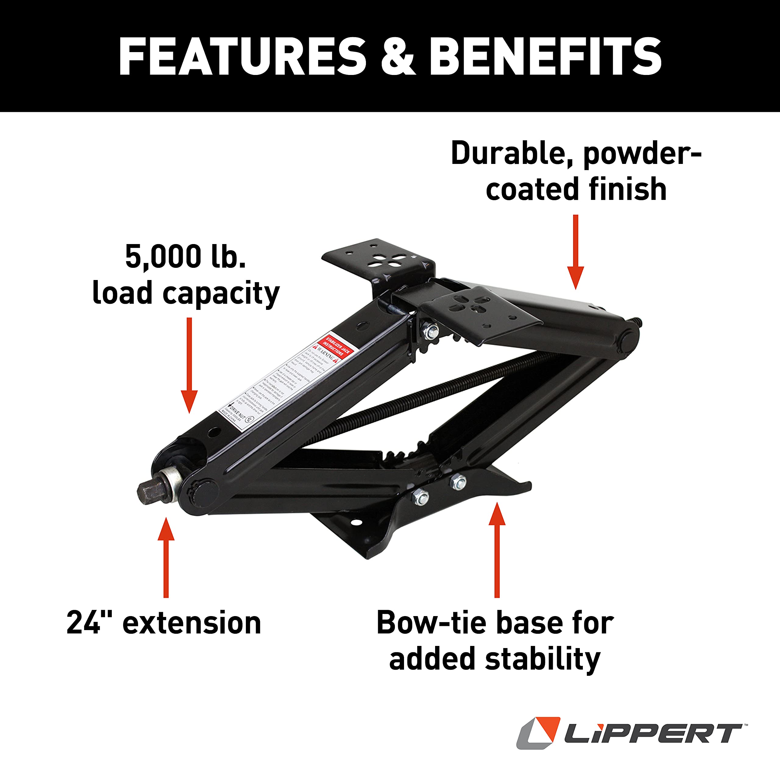 Lippert RV Manual Scissor Jack Kit, 5,000 lbs. 24" Extended, 4-1/4" Retracted, Universal Bolt-on or Weld-on for Travel Trailer, 5th Wheel, Stable Bow-Tie Base, Crank Handle Sold Separately - 285325