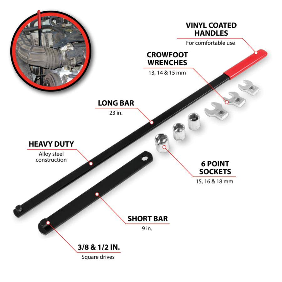 8 pc Performance Tool W84010 Long Handle Serpentine Belt Tool Kit for Spring-Loaded Idler Pulleys - Includes Crowfoot Wrenches and Sockets