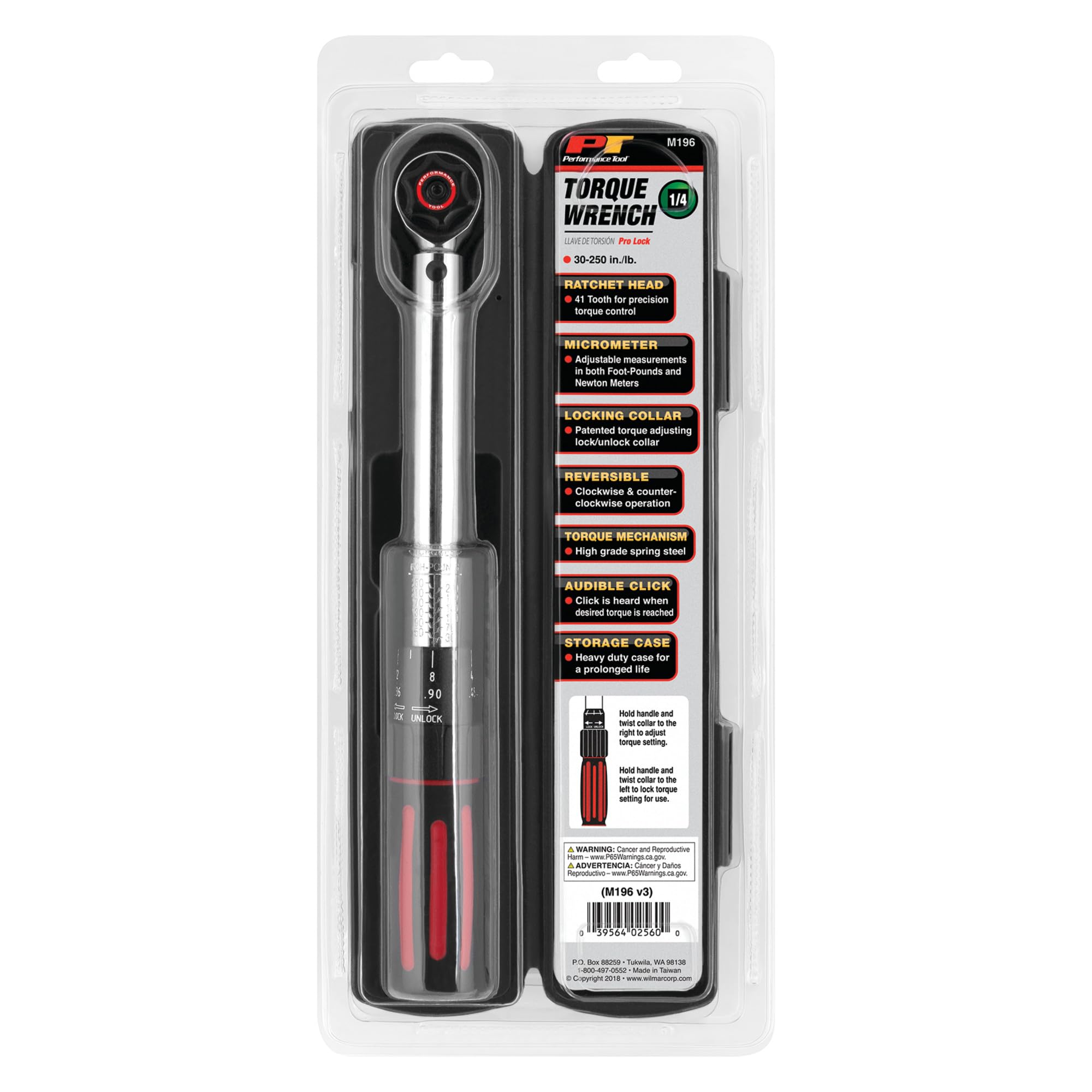 Torque Wrench Performance Tool M196 1/4-Inch Drive 250 inch/lb. - Dual Scale, Audible Click, Precision Ratchet