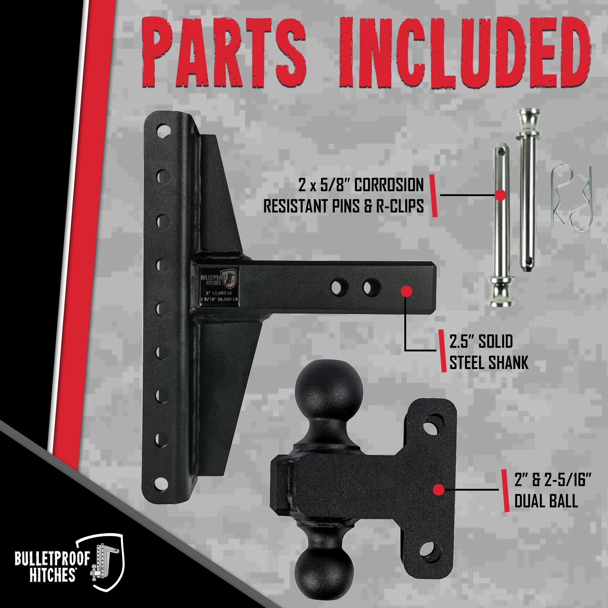 2.5" BulletProof Hitches Adjustable Extreme Duty Trailer Hitch (36,000 lb. Rating) - Offset 4" & 6" Drop/Rise with 2" and 2 5/16" Dual Ball - Powder Coat, Solid Steel, Corrosion-Resistant