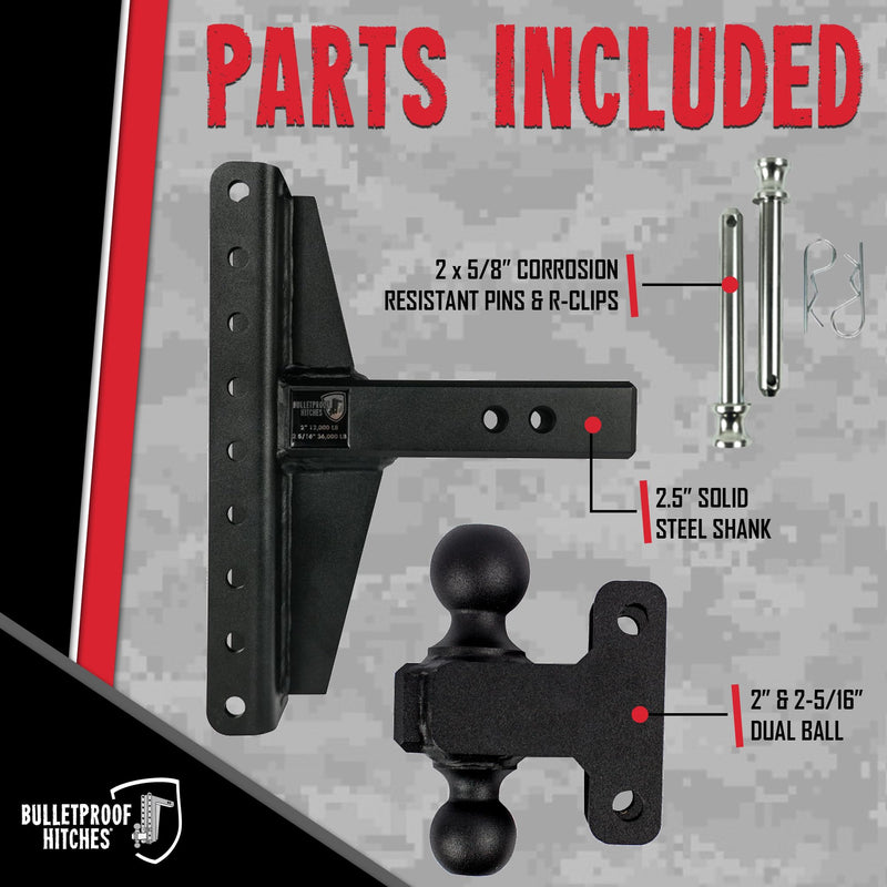 2.5" BulletProof Hitches Adjustable Extreme Duty Trailer Hitch (36,000 lb. Rating) - Offset 4" & 6" Drop/Rise with 2" and 2 5/16" Dual Ball - Powder Coat, Solid Steel, Corrosion-Resistant