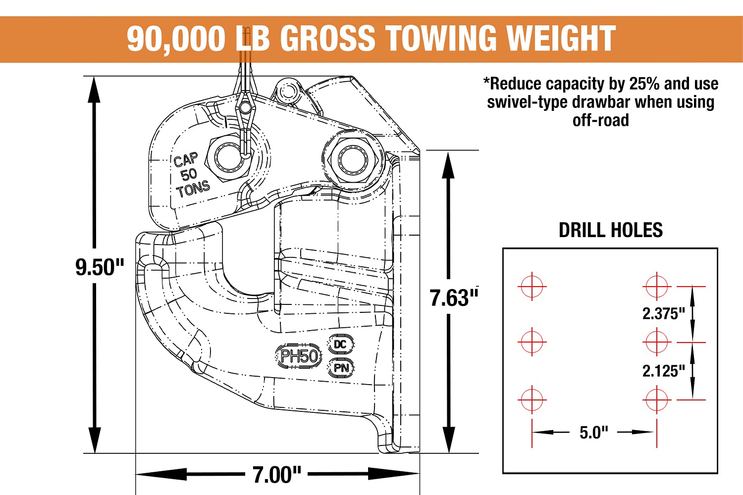 50 Ton Capacity Buyers Products Air Compensated Pintle Hook, 6-Hole Mount With Air Chamber Plunger