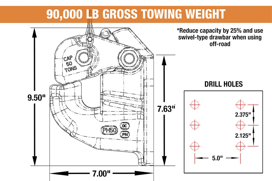 50 Ton Capacity Buyers Products Air Compensated Pintle Hook, 6-Hole Mount With Air Chamber Plunger