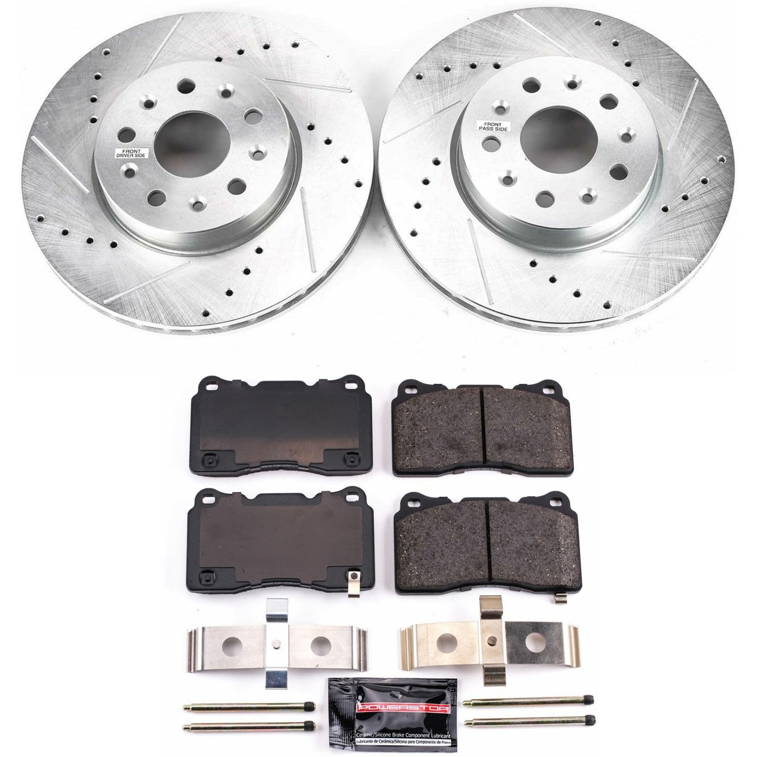 Power Stop K7001 Z23 Carbon Fiber Brake Pads with Drilled & Slotted Brake Rotors Kit For Cadillac CTS 2014-2019, Chevrolet Camaro 2016-2021 [Model Specific]