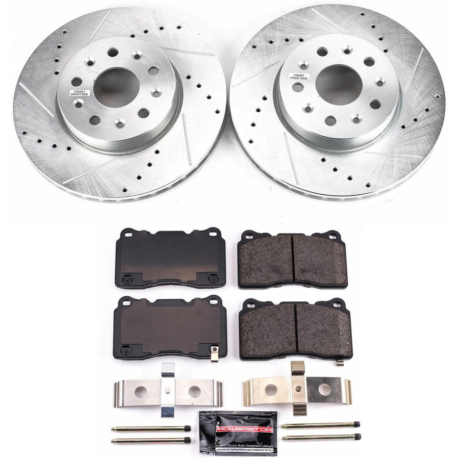 Power Stop K7001 Z23 Carbon Fiber Brake Pads with Drilled & Slotted Brake Rotors Kit For Cadillac CTS 2014-2019, Chevrolet Camaro 2016-2021 [Model Specific]