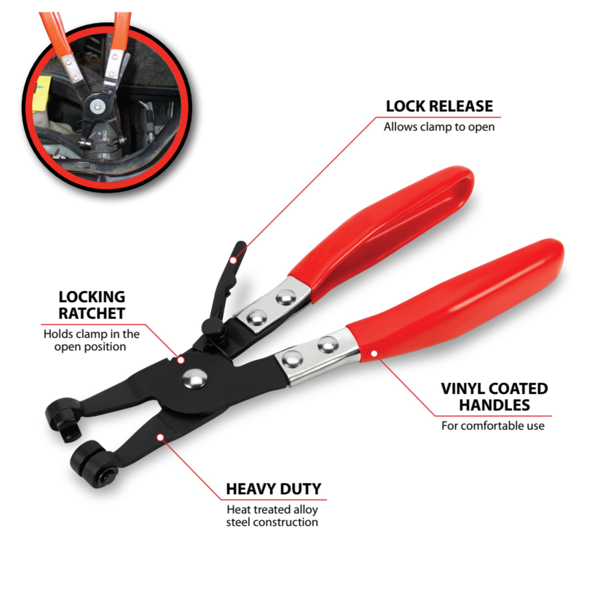 Flat Band Hose Clamp Pliers Performance Tool W80654 for Garages and Workshops, Black/Red