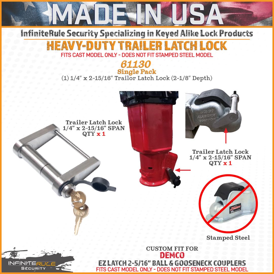Trailer Latch Lock InfiniteRule Security 61130 for DEMCO EZ Latch 2-5/16" Ball & Gooseneck Couplers - Fits Cast Model Only - Does NOT FIT Stamped Model, American Made in USA