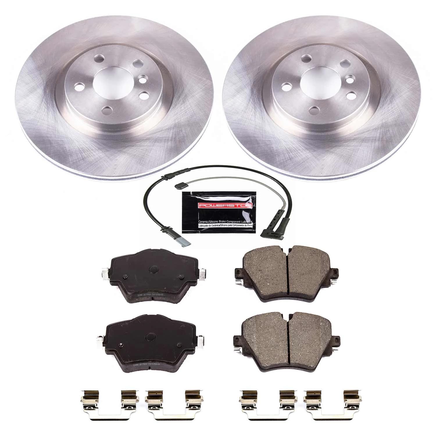 Power Stop Autospecialty KOE7888 Front Replacement Brake Kit-OE Brake Rotors & Ceramic Brake Pads and 1 Front Sensor Wire For BMW X1, BMW X2, Mini Cooper Countryman [Model Specific]