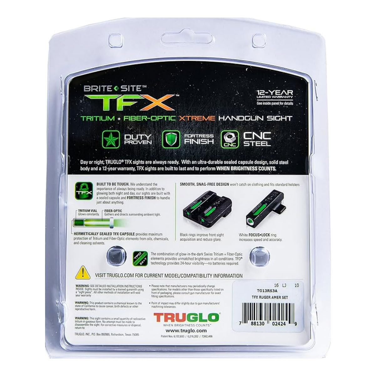 Tritium and Fiber-Optic TRUGLO TFX Handgun Sights for Ruger Pistols, Ruger American 9mm & 45, Black