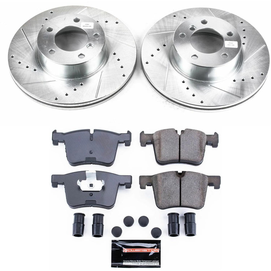 Power Stop K6743 Brake Kit with Drilled Slotted Brake Rotors, Z23 Carbon Fiber Brake Pads and 1 Front Sensor Wire For BWM 228i 230i 320i 328d 328i 330i 428i 430i [Application Specific]