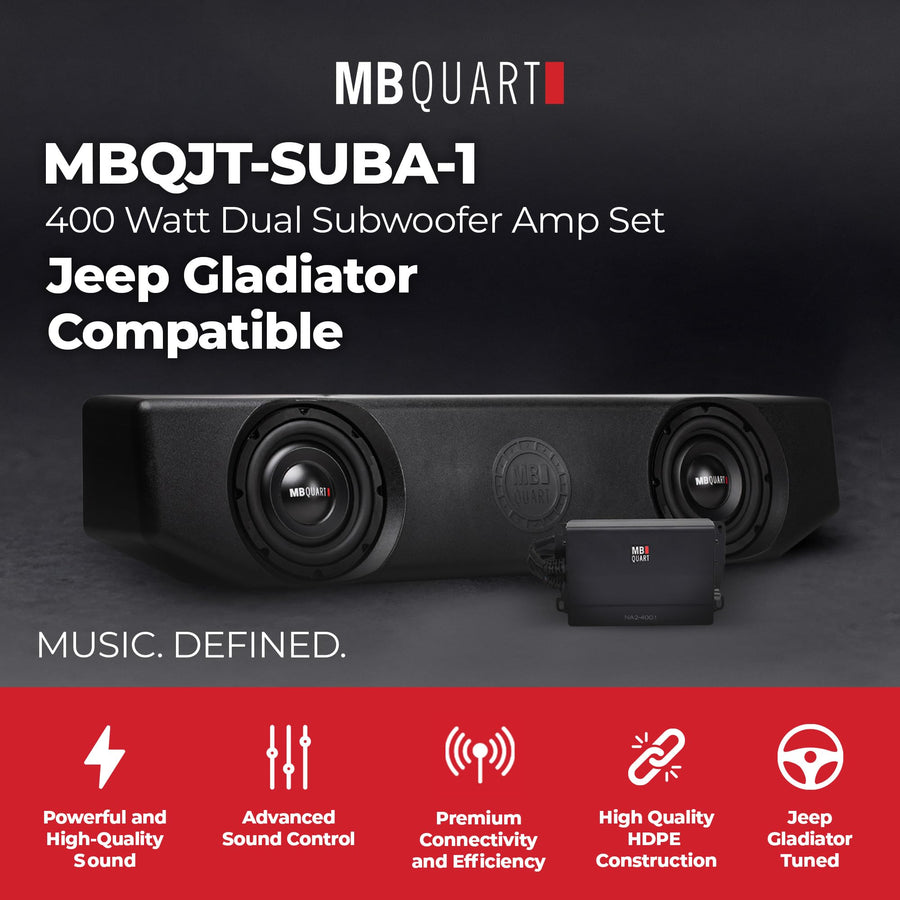 Tuned Dual MB Quart 8 Inch Subwoofer System Compatible with Jeep Gladiator, Wiring, Enclosure, and 400 Watt Amplifier, MBQJT-SUBA-1