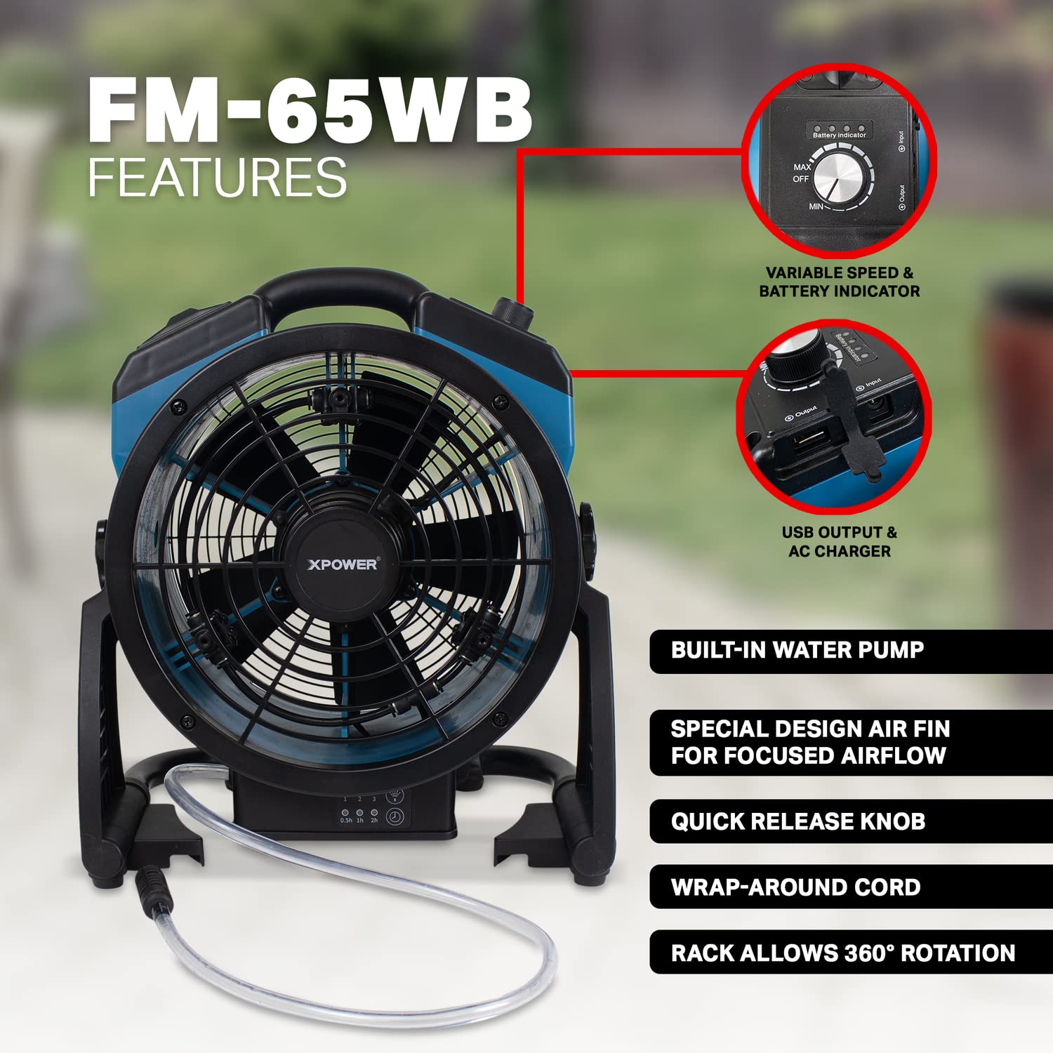 FM-65WB XPOWER Misting Fan, Battery Operated, Rechargeable, w/Water Pump, Mounts on 5 Gal Bucket, Outdoor Cooling, High Velocity, 14 In