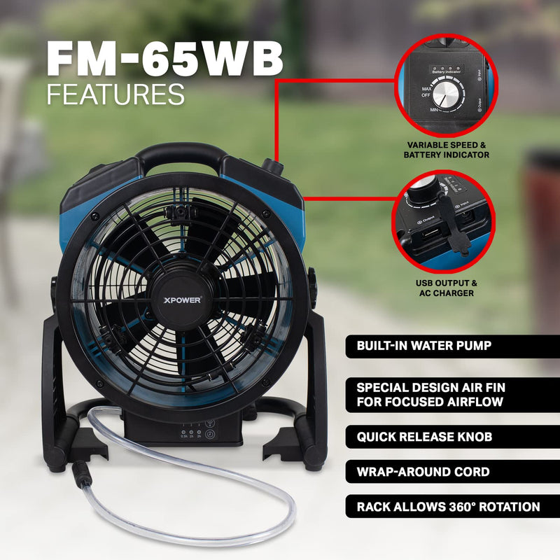 FM-65WB XPOWER Misting Fan, Battery Operated, Rechargeable, w/Water Pump, Mounts on 5 Gal Bucket, Outdoor Cooling, High Velocity, 14 In