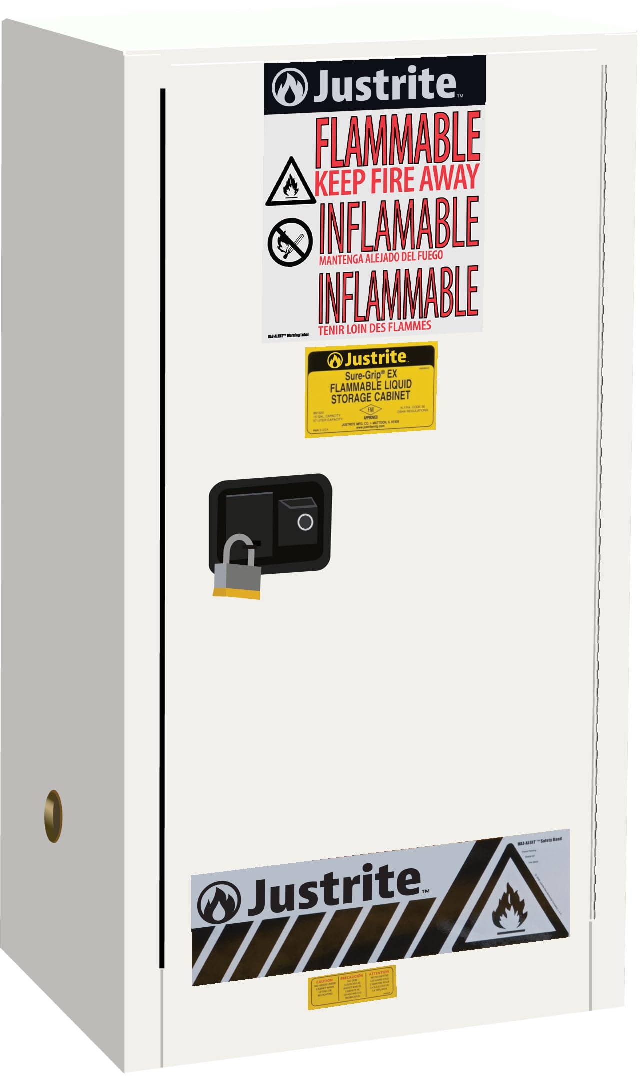 Justrite 15 Gallon Flammable Storage Cabinet Self Close Countertop, 18 Gauge Steel, 1 Shelf, 1 Door Fire Cabinet, 44" x 23" x 18", Made in The USA, White, 891525