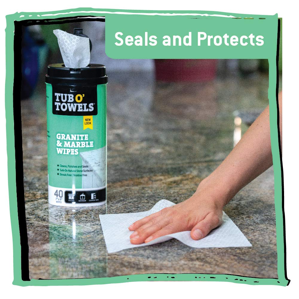 Granite & Marble Cleaning Wipes Tub O' Towels – Polish & Protect Stone Surfaces, 40-Count Pack – Safe for Granite, Marble, Quartz Countertop – Streak-Free Shine, USA Made, Eco-Friendly