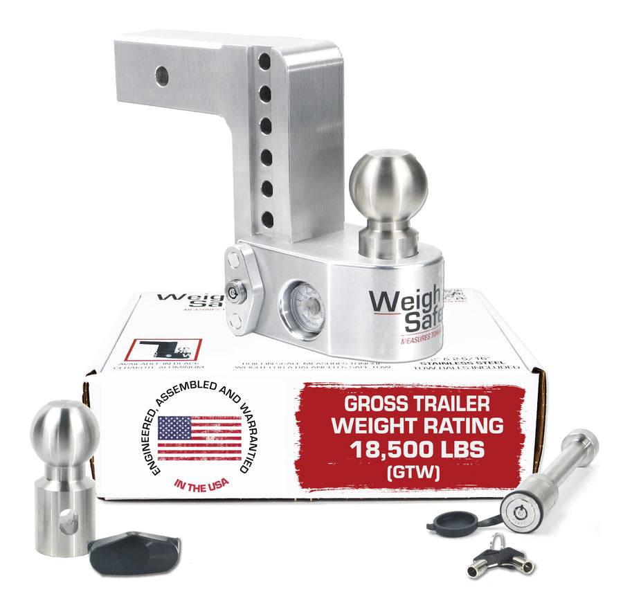 Weigh Safe Adjustable Hitch Trailer Ball Mount - 6" Drop Hitch for 2.5" Receiver w/ 2 pc Keyed Alike Lock Set, Premium Aluminum Trailer Tow Hitch w/ Built in Weight Scale for Anti Sway, 18,500 lbs GTW