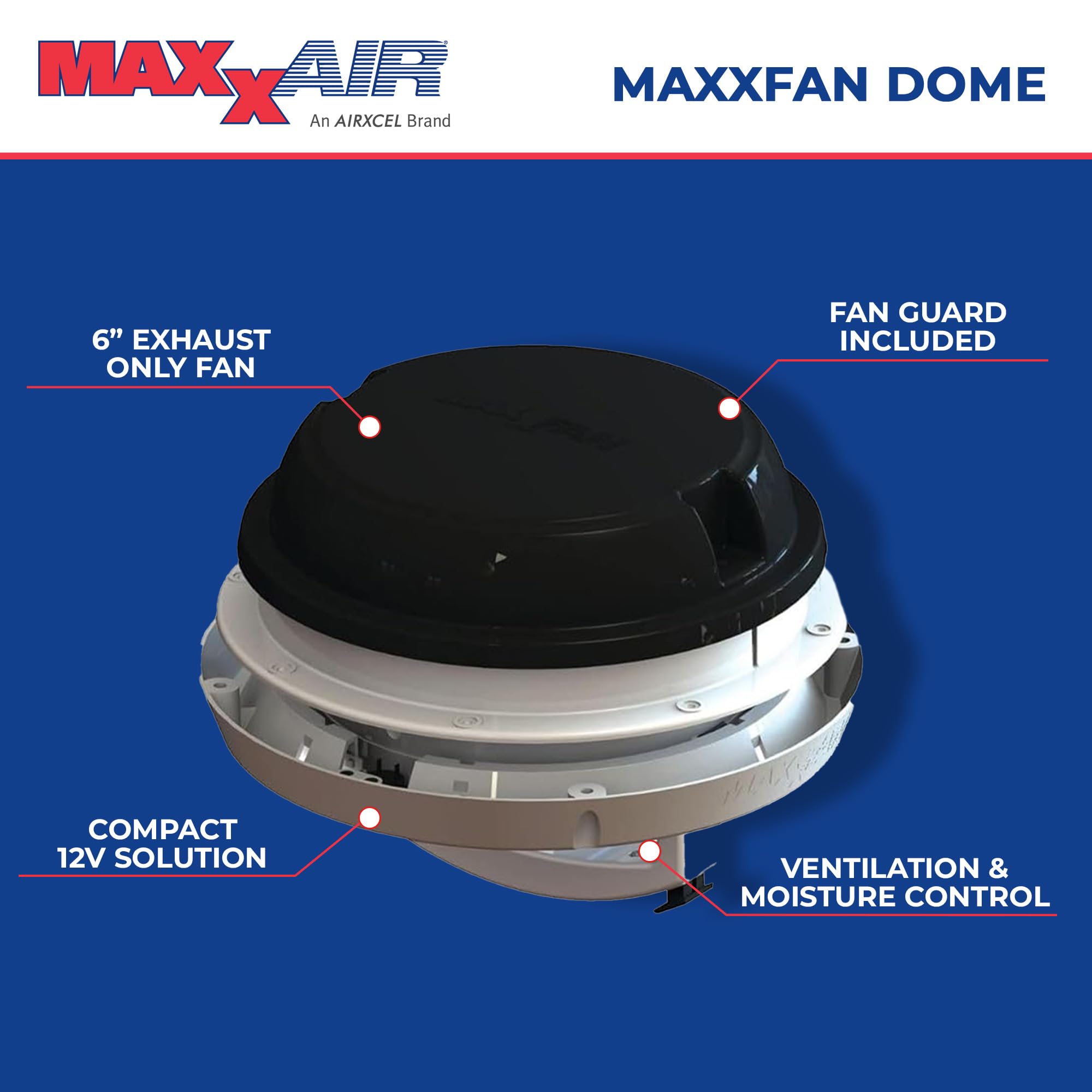 Maxxfan Dome Plus MAXXAIR with LED Light, 6" Round 12V Ventilation Fan - Compact Solution for Rooftop or Sidewall Ventilation, Exhaust Only, Fan Guard Rain Shield, Moisture Control, Black (00-03810B)