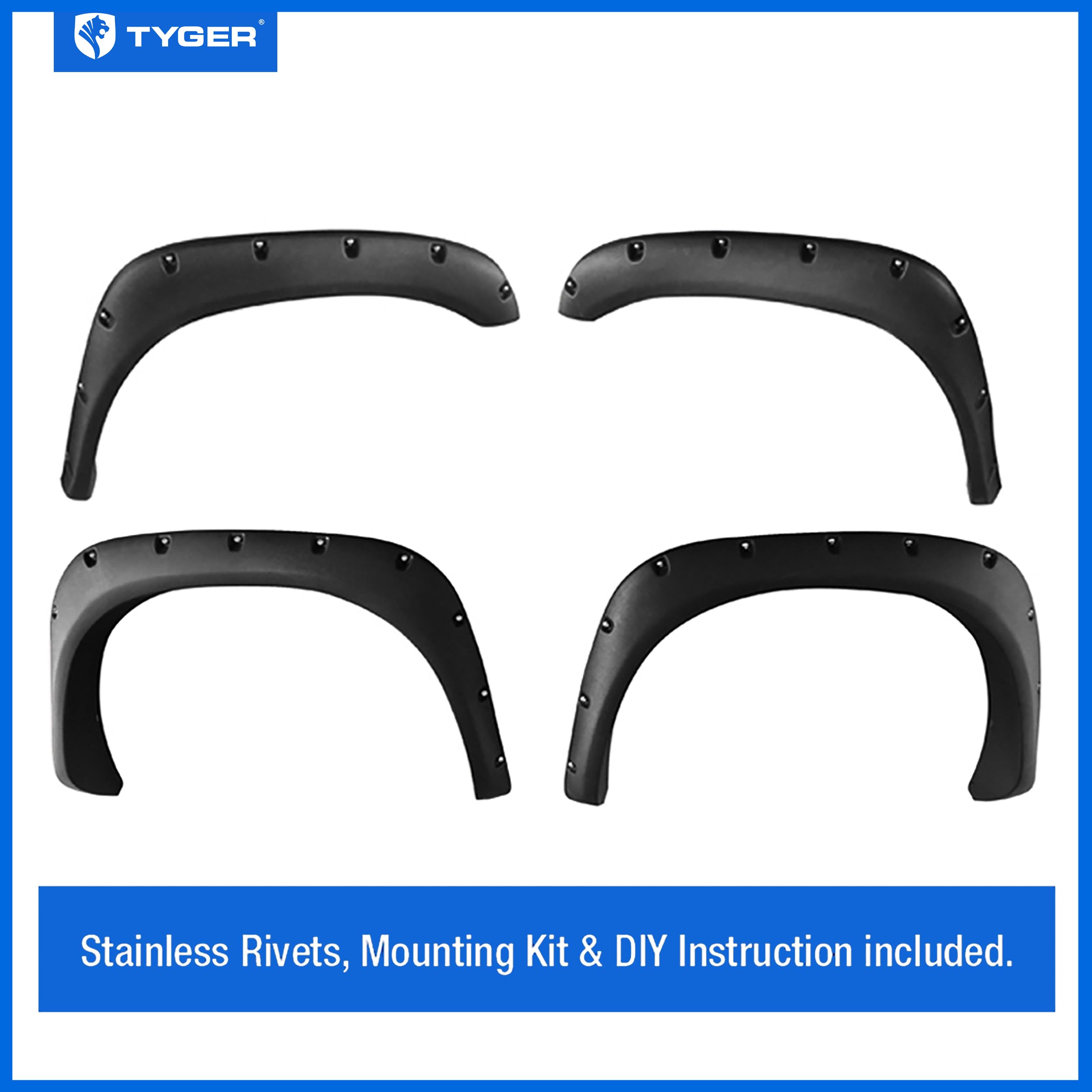 Tyger Auto Fender Flare Compatible with 2002-2008 Dodge Ram 1500; 2500 3500 2003-2009 (Not Fit 06-09 8ft Bed Models), Fine-Textured Black Paintable Bolt-Riveted Style 4pc | TG-FF8D4078