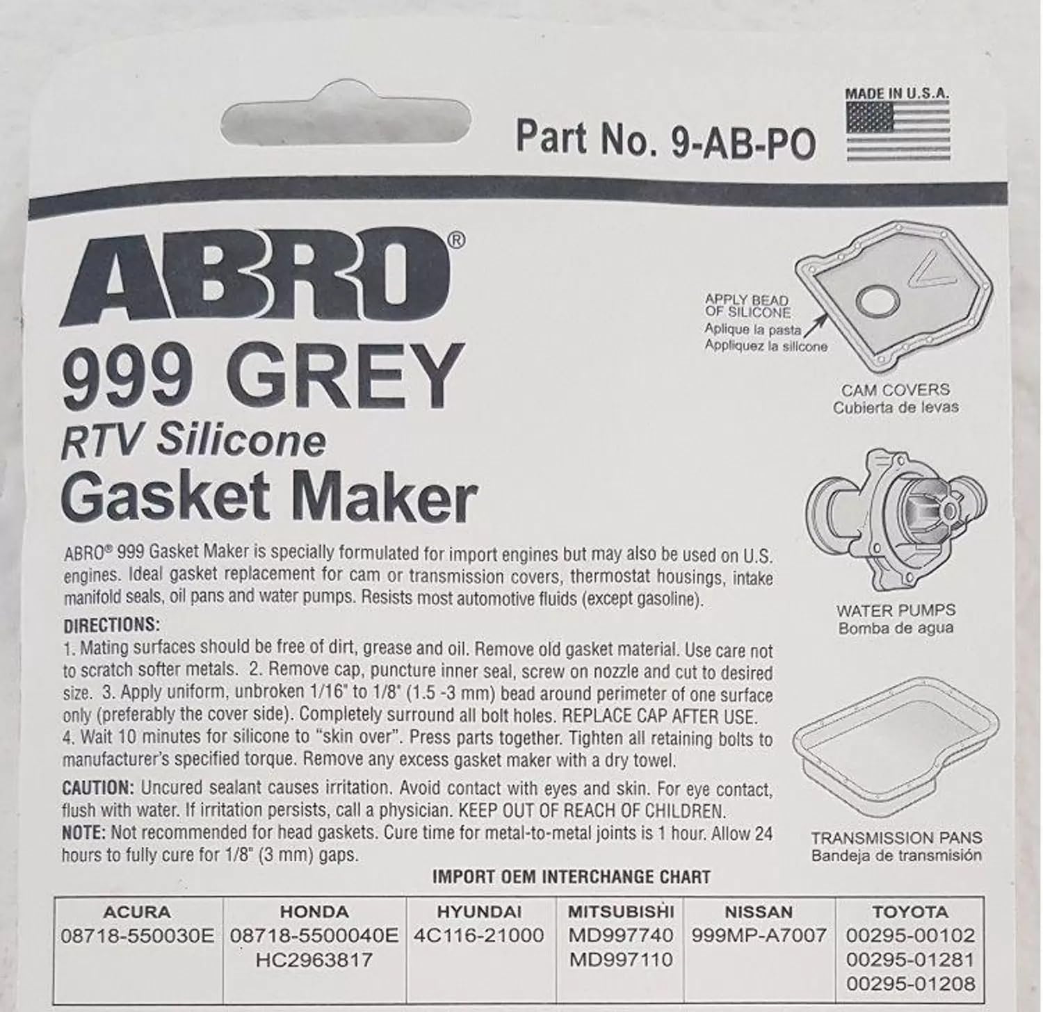 Ultra Plus ABRO 999 RTV Silicone Sealant and Gasket Maker, for Import Engines, Sensor Safe, Non-Corrosive, High Temp Silicone Sealant, 650 Degrees F, 3 oz. Tube - Black