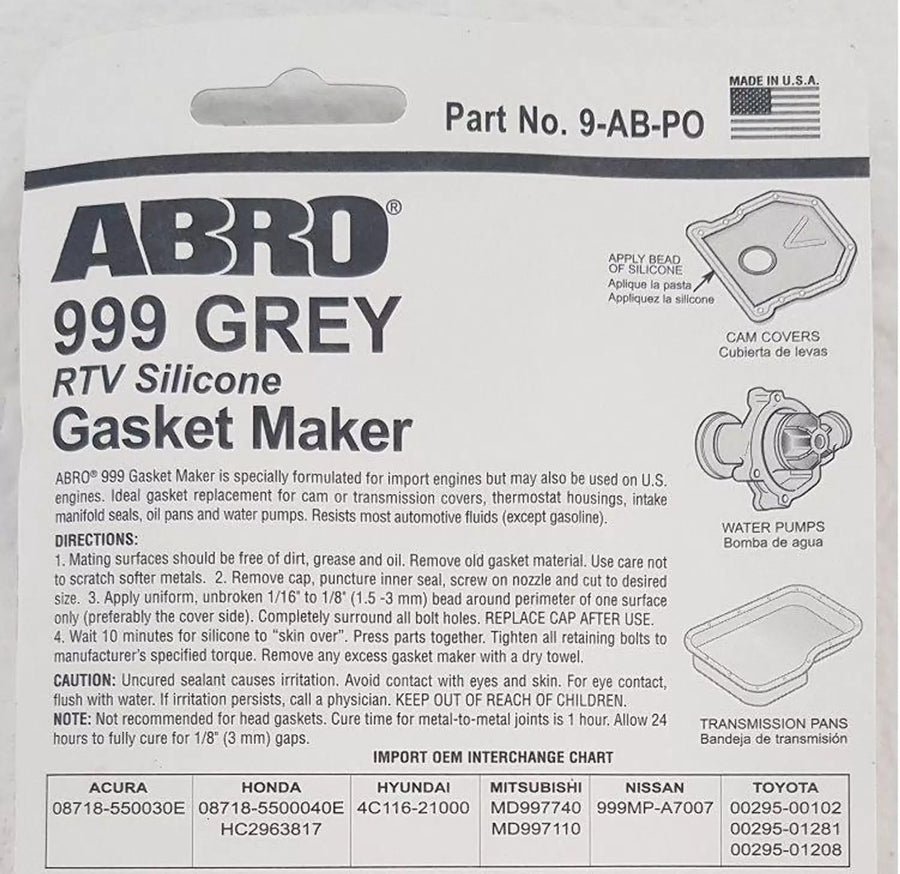 Ultra Plus ABRO 999 RTV Silicone Sealant and Gasket Maker, for Import Engines, Sensor Safe, Non-Corrosive, High Temp Silicone Sealant, 650 Degrees F, 3 oz. Tube - Black