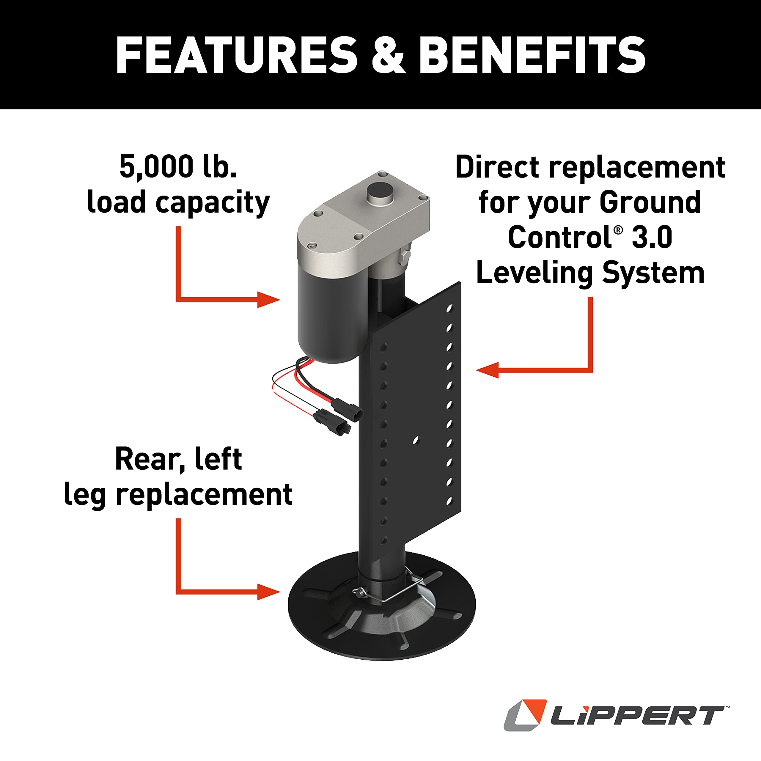 Lippert 5th Wheel Ground Control 3.0 Automatic RV Leveling System Rear Hall Effect Jack for Left Leg Replacement with 5,000-lb. Load Capacity - 305339