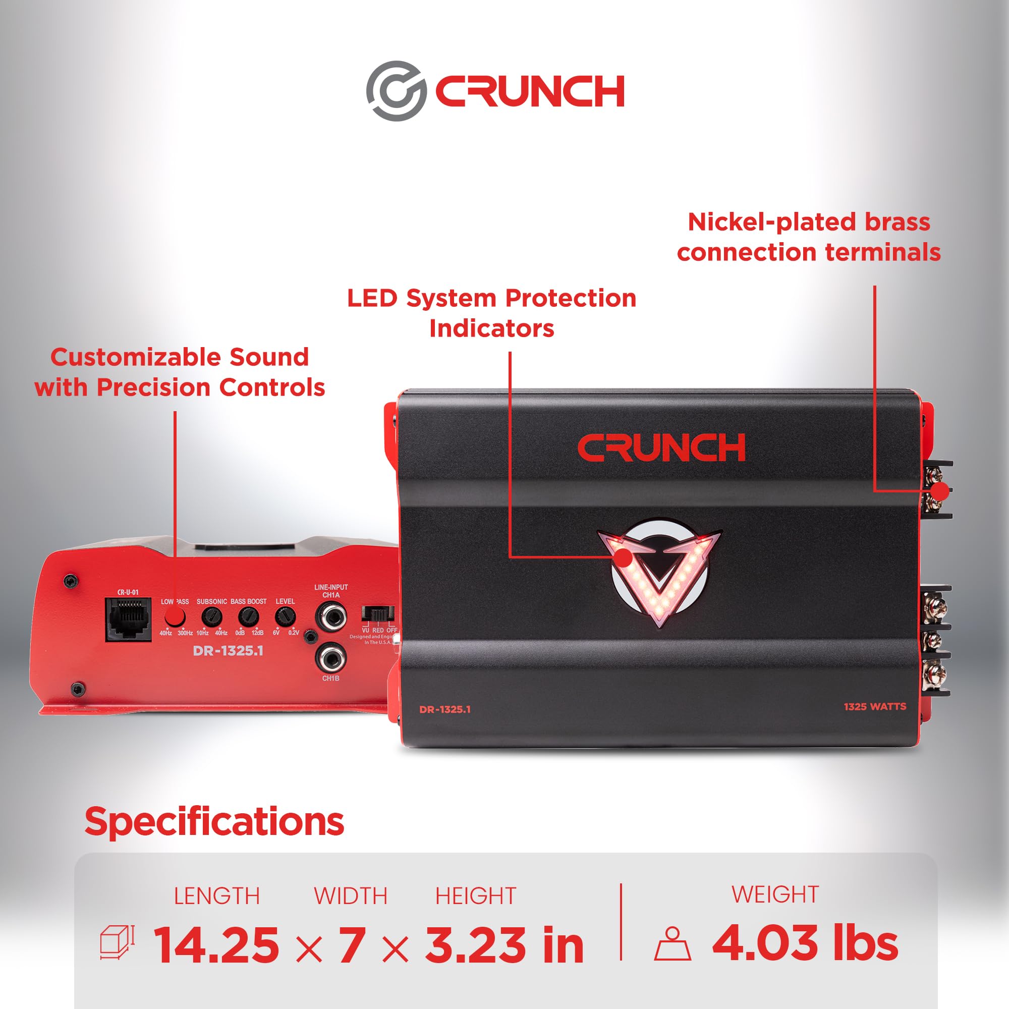 Mono block Crunch 1325W Car Audio Amplifier with Adjustable Crossovers