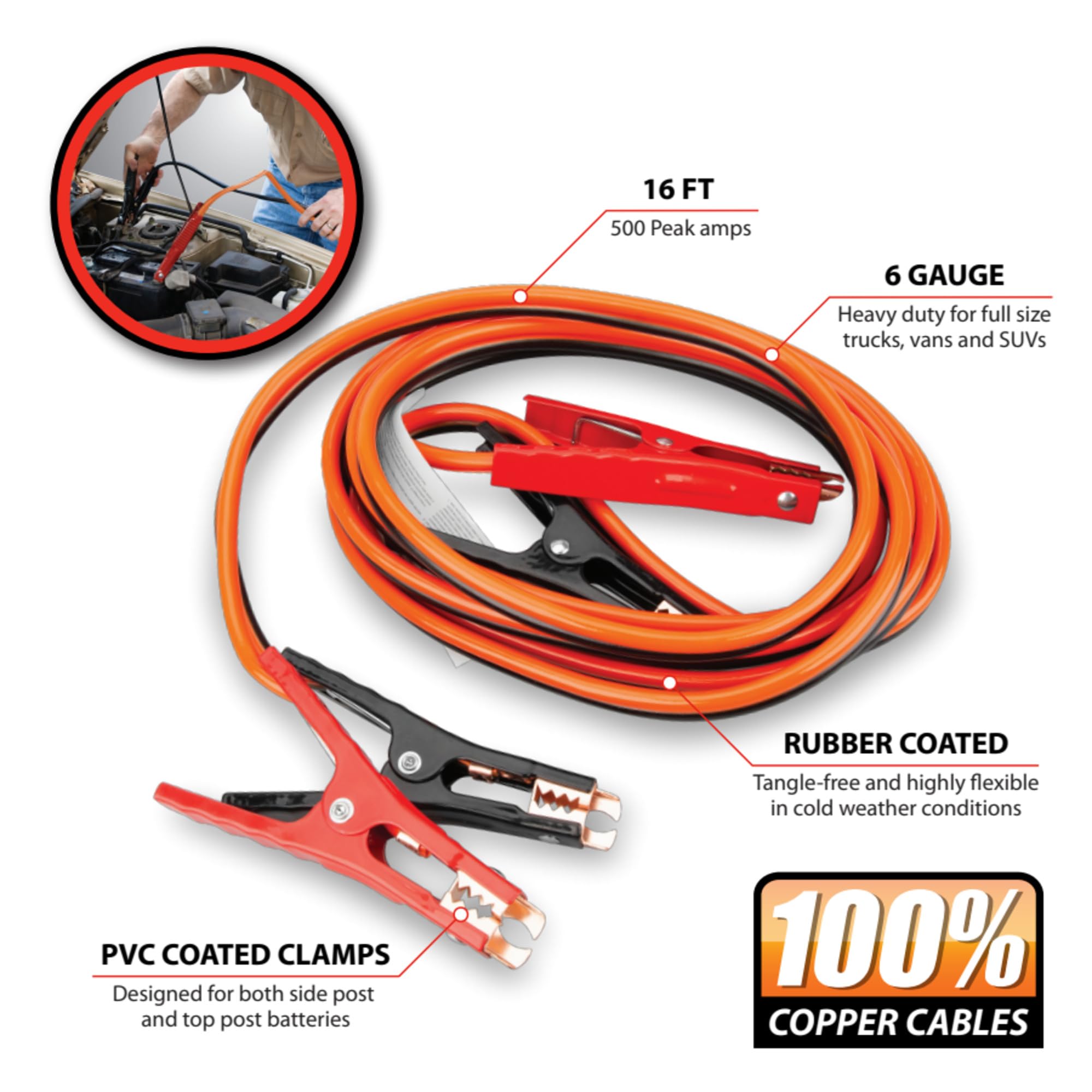 6GA Performance Tool W1668 16 ft. Battery Jumper Cables - Rubber-Coated 100% Copper Cables, Color-Coded Alligator Jaws, Heavy Duty