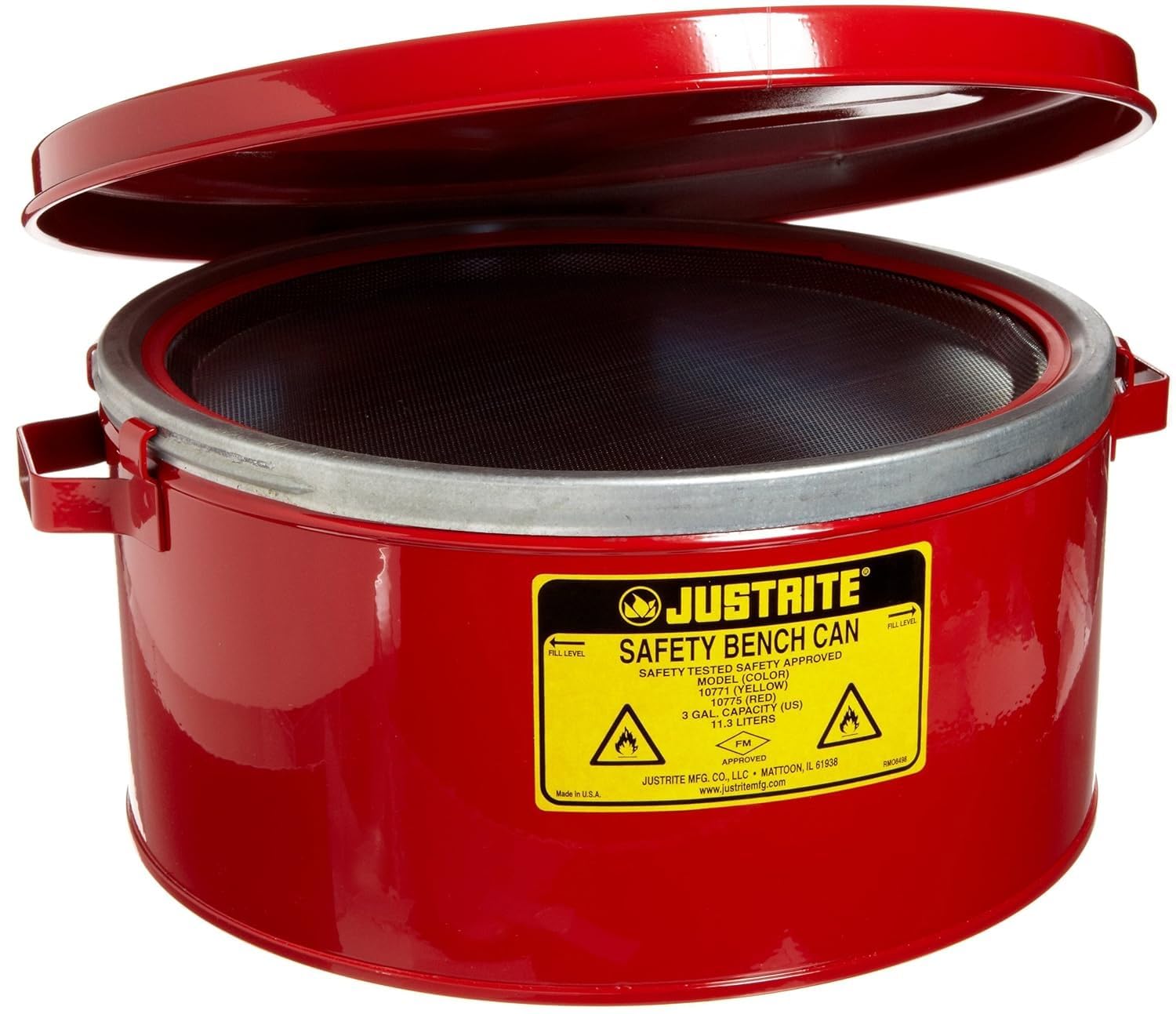 Justrite 10775 3 Gallon, 6" H, 12 1/8" Diameter, 13 1/2" O.D 24 Gauge Premium Coated Steel Bench Can, Red