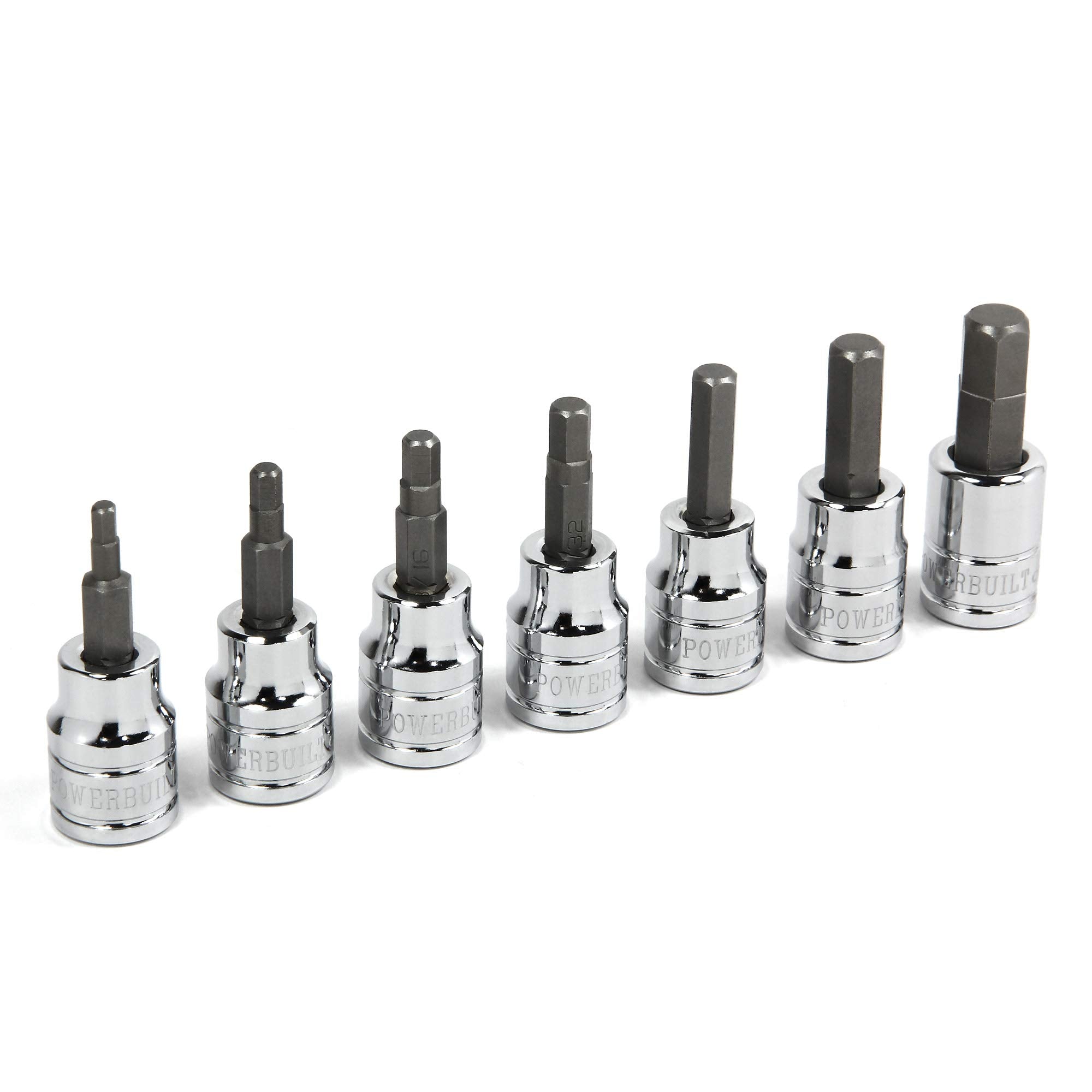 7 Piece Powerbuilt 3/8 Inch Drive SAE Hex Bit Socket Set, Sizes 1/8"-3/8", S2 Bits and Chrome-Vanadium Sockets, Hangable Storage Tool Holder - 648661