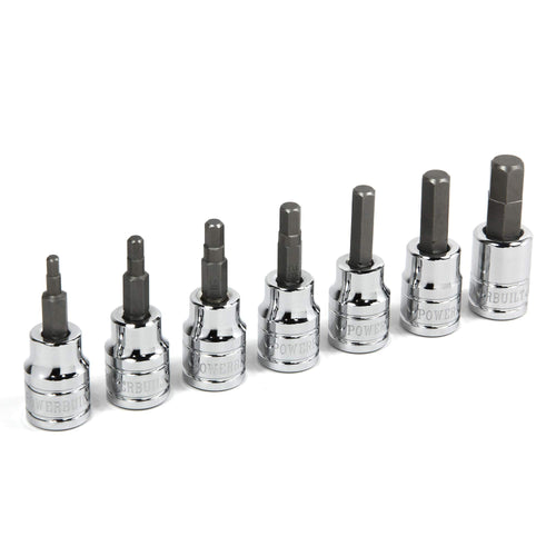 7 Piece Powerbuilt 3/8 Inch Drive SAE Hex Bit Socket Set, Sizes 1/8"-3/8", S2 Bits and Chrome-Vanadium Sockets, Hangable Storage Tool Holder - 648661