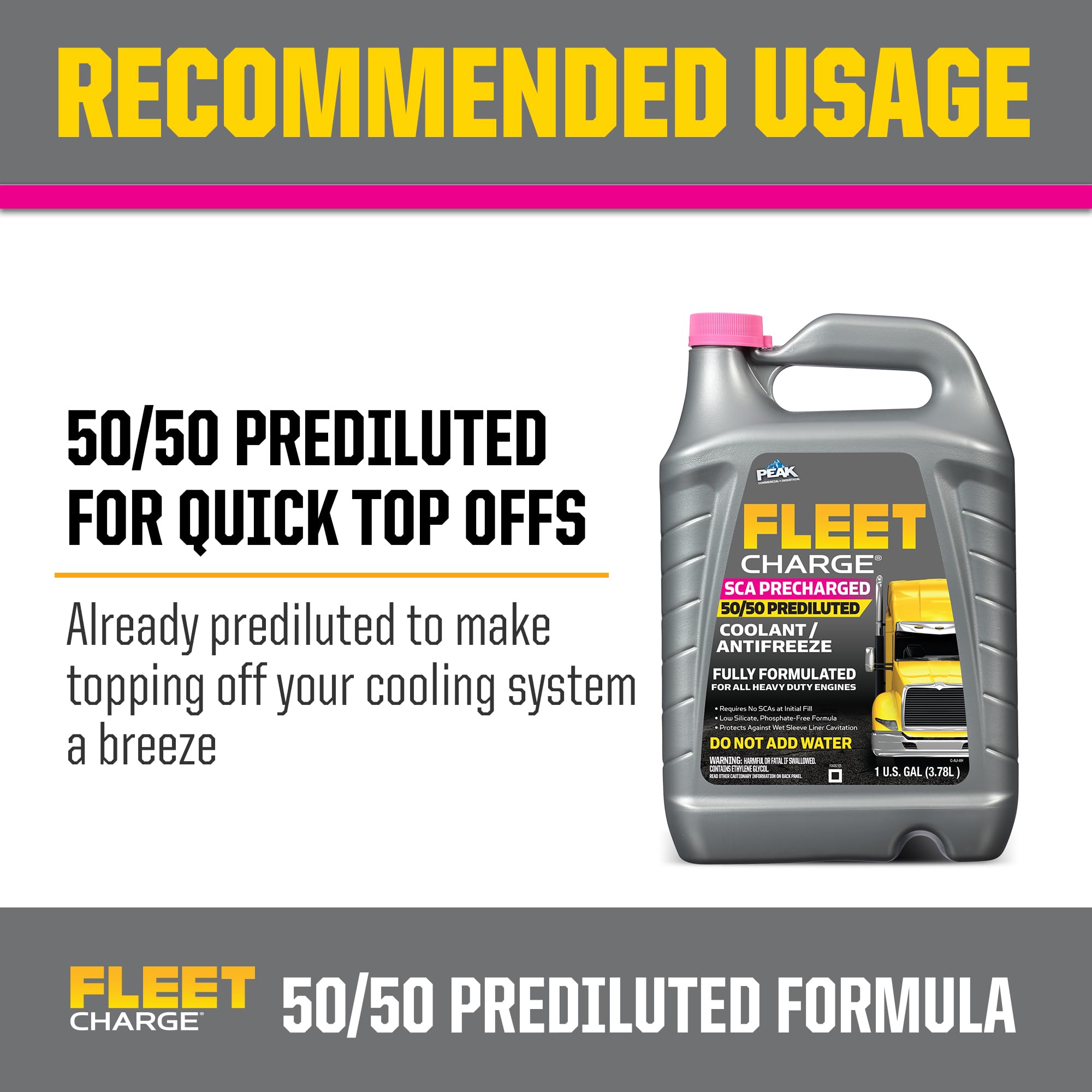 PEAK Charge Fleet SCA Precharged 50/50 Prediluted Antifreeze and Coolant for All Heavy Duty Engine Cooling Systems, 1 Gal.