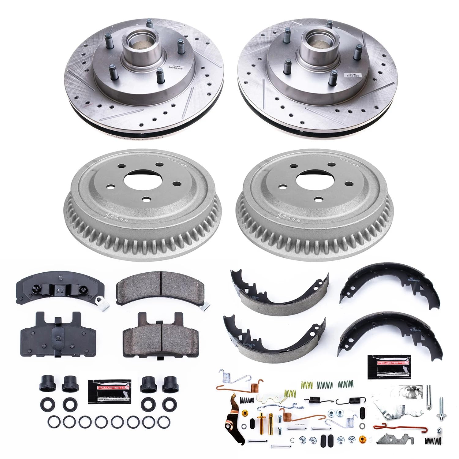 Power Stop K15032DK Z23 Carbon Fiber Brake Pads Front and Rear with Drilled & Slotted Brake Drums Kit For Dodge Ram 1500 1994-1999 [Model Specific]