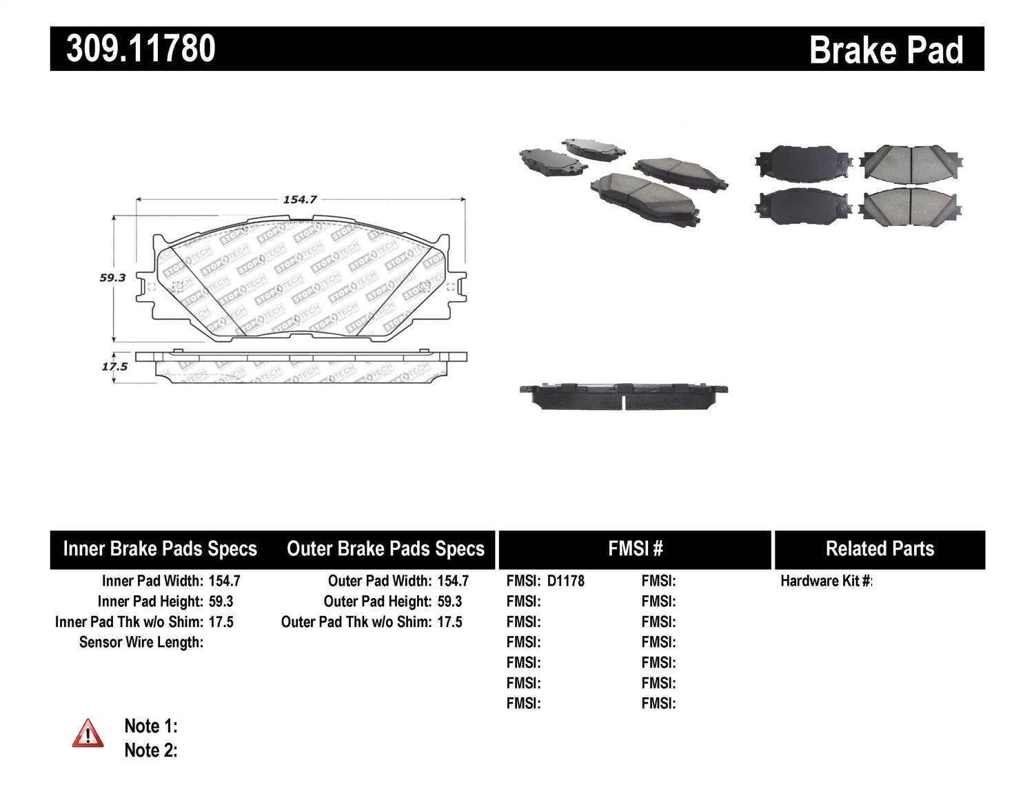 Sport Brake Pads StopTech 309.11780 with Shims and Hardware