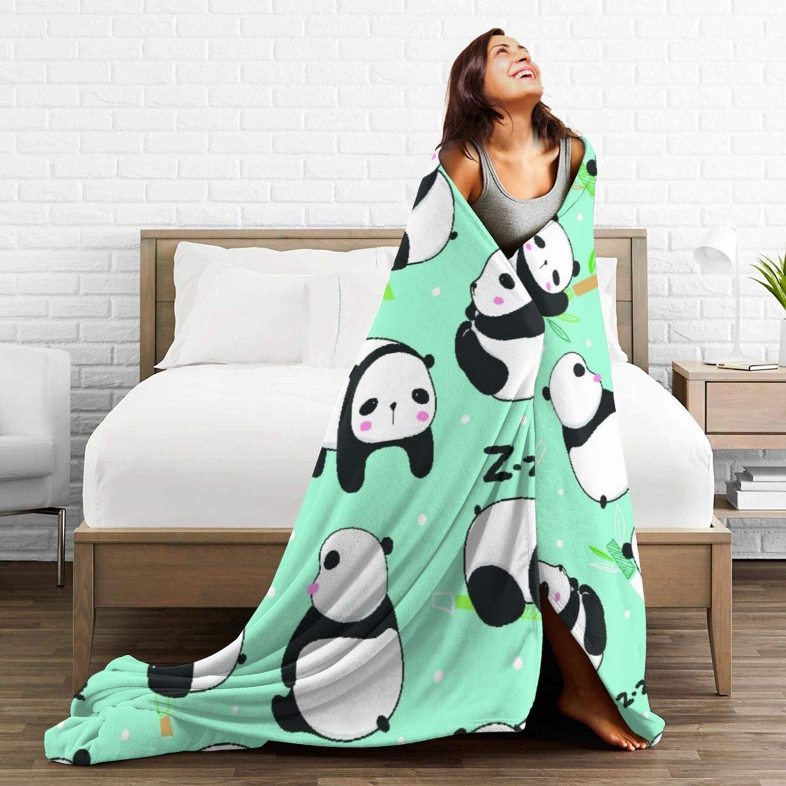 Personalized Custom Janrely Throw Blanket, Kawaii Panda Bears Background, Soft Comfortable Plush Blanket for Sofa Bedroom Travel Fluffy Blanket 40"X50"
