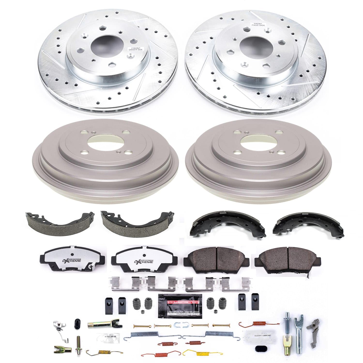 POWERSTOP Z26 Carbon-Fiber Ceramic Brake Pads Front and Rear, Drilled Slotted Rotors Brake Kit with Brake Shoes and Drums For Honda Fit 2015-2020 [Vehicle Specific]