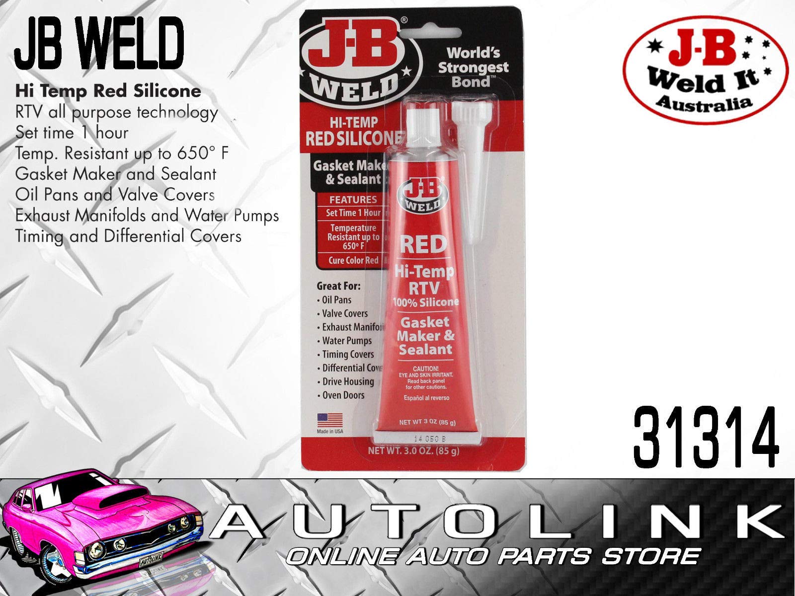 High Temperature J-B Weld 31314 RTV Silicone Gasket Maker and Sealant - Red - 3 oz.
