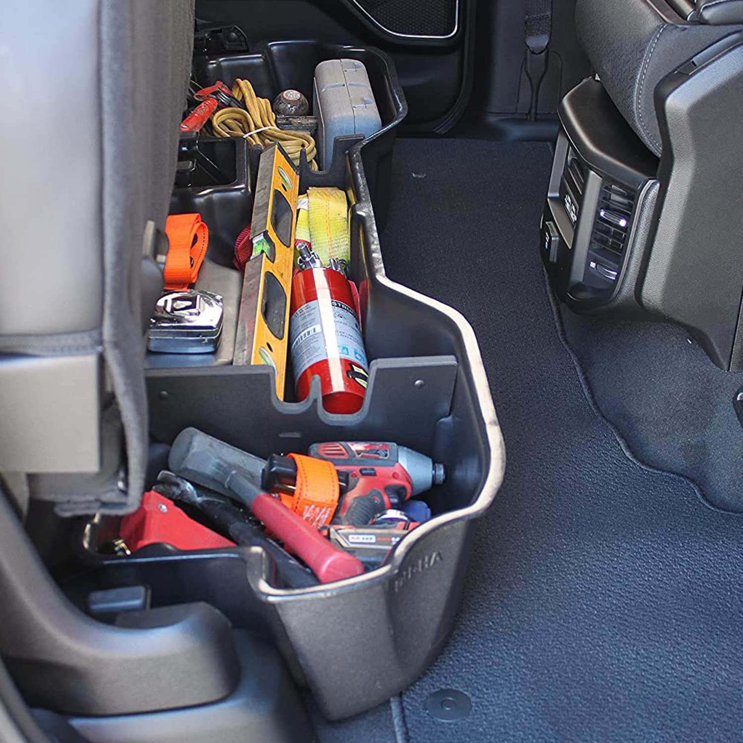 Du Ha Storage Under Seat fits 2019-2025 Ram 1500 Quad Cab New Body Style | Tan Heavy-Duty Back Seat Multi Tool Organizer, Includes 2-Piece Dividers | 30105