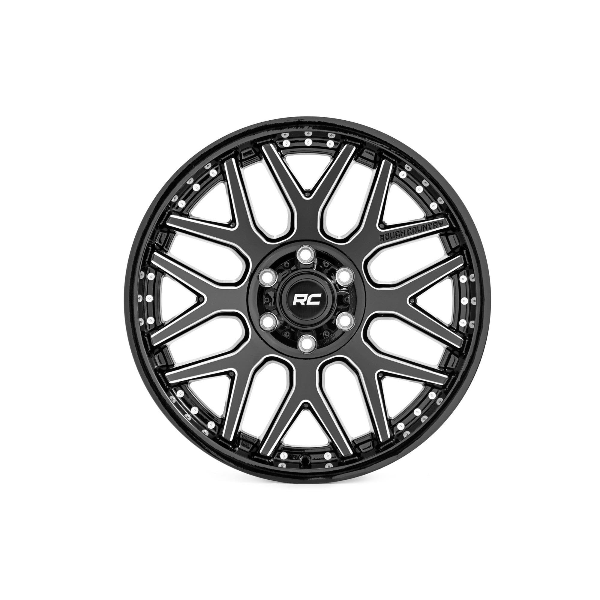 One-Piece Rough Country 95 Series Aluminum Wheel - 20x10, 8x180mm Bolt Pattern, 19mm Offset, Machined Gloss Black for Jeeps, Trucks, SUV