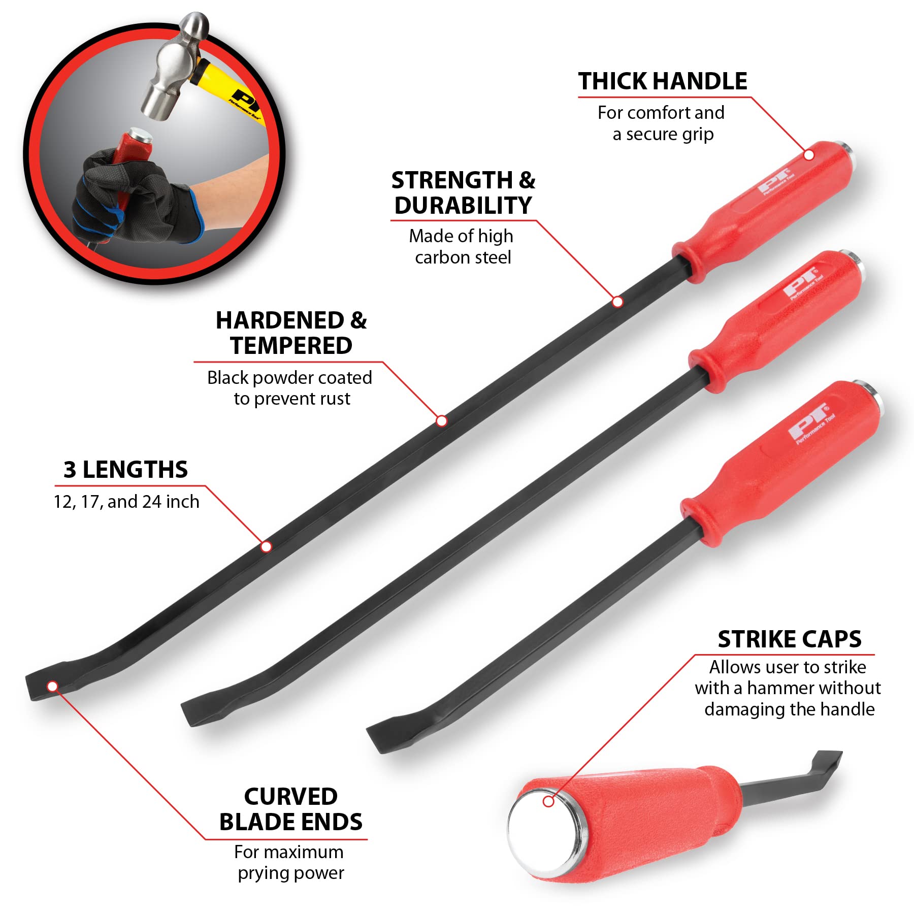 3-Piece Performance Tool W2023 Pry Bar Set - 12-Inch, 17-Inch, and 24-Inch with Strike Cap Ends - Ergonomic Handles - Hardened and Tempered High Carbon Steel