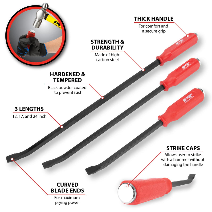3-Piece Performance Tool W2023 Pry Bar Set - 12-Inch, 17-Inch, and 24-Inch with Strike Cap Ends - Ergonomic Handles - Hardened and Tempered High Carbon Steel