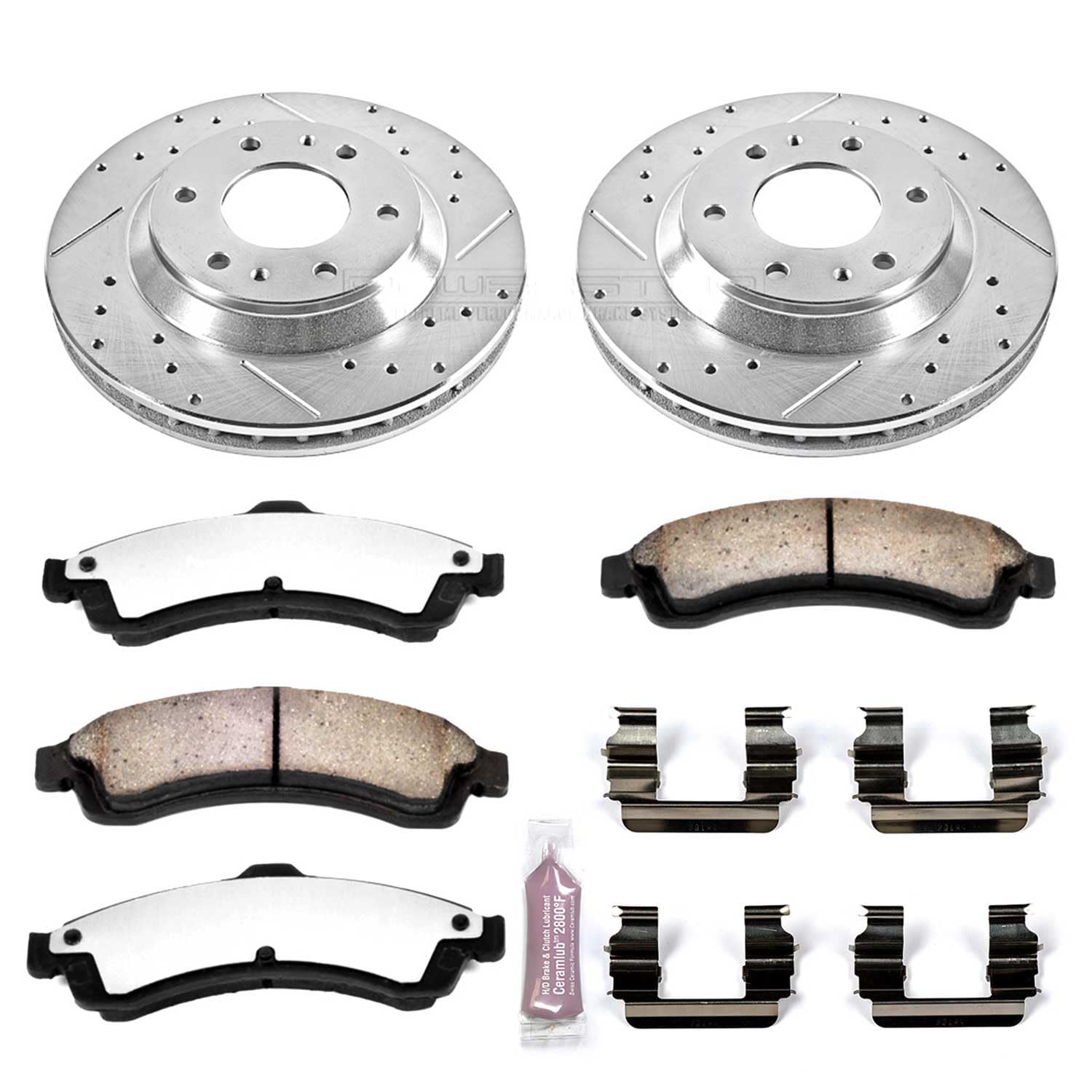 Power Stop Brake Kit Front For 2004 2005 Buick Rainier 2002 2003 2004 2005 Chevrolet Trailblazer - Truck & Tow Carbon Fiber Ceramic Pads & Drilled and Slotted Rotors Replacement, K2057-36