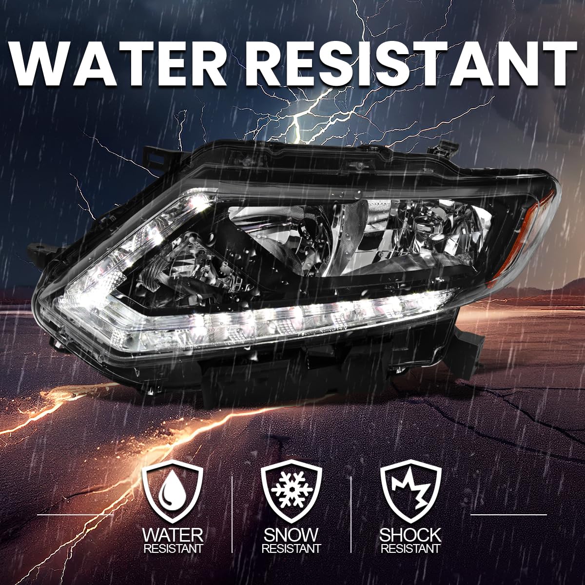 Black Headlights w/LED Strip SPEC-D TUNING Compatible with 2014-2016 Nissan Rogue, Left + Right Pair Headlamps Assembly