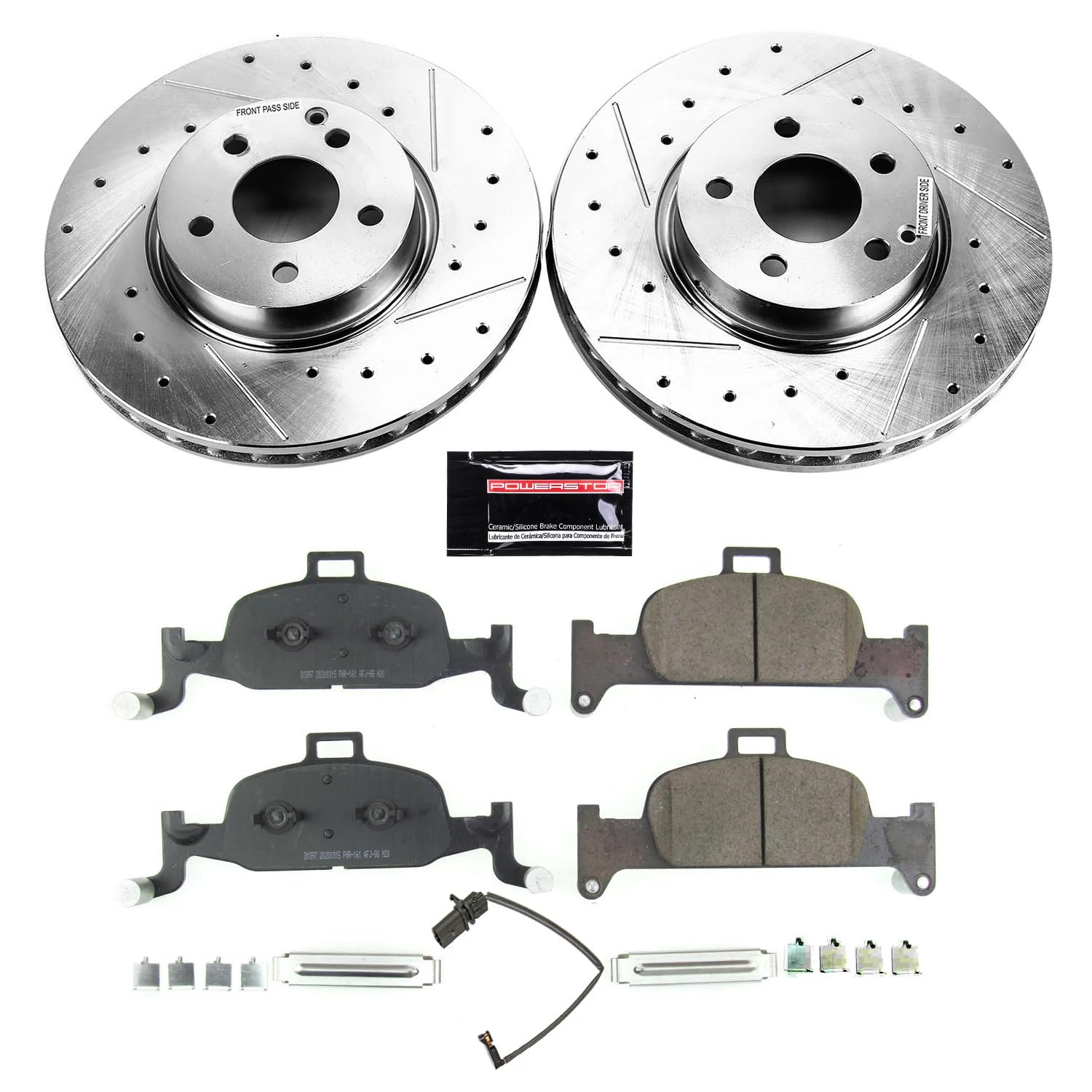 Power Stop K7648 Z23 Carbon Fiber Brake Pads Front with Drilled & Slotted Brake Rotors Kit and 1 Front Sensor Wire For A4 A4 Quattro A4 allroad A5 Quattro A5 Sportback A6 Quattro Aud [Model Specific]