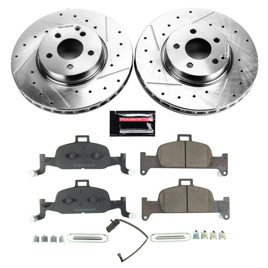 Power Stop K7648 Z23 Carbon Fiber Brake Pads Front with Drilled & Slotted Brake Rotors Kit and 1 Front Sensor Wire For A4 A4 Quattro A4 allroad A5 Quattro A5 Sportback A6 Quattro Aud [Model Specific]