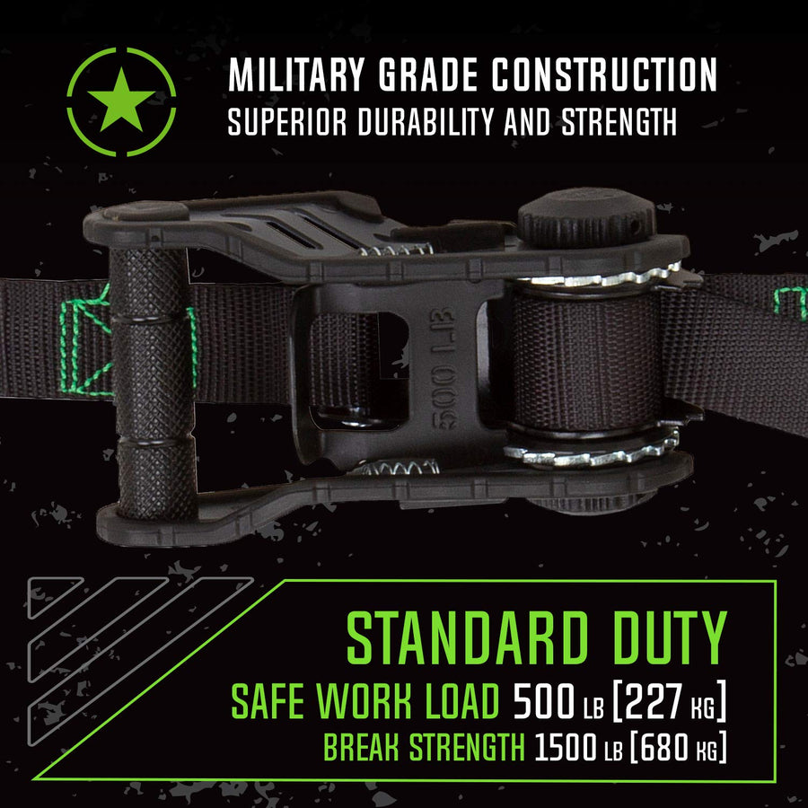 10-Foot Tactical Ratchet Straps SMARTSTRAPS #4628, Haul Light Loads in Pickup Trucks & Trailers, Dirt Bikes, ATV's, Lawn Tractors, 1,500 lb Break Strength 500 lb Safe Work Load, 2-Pack, Black